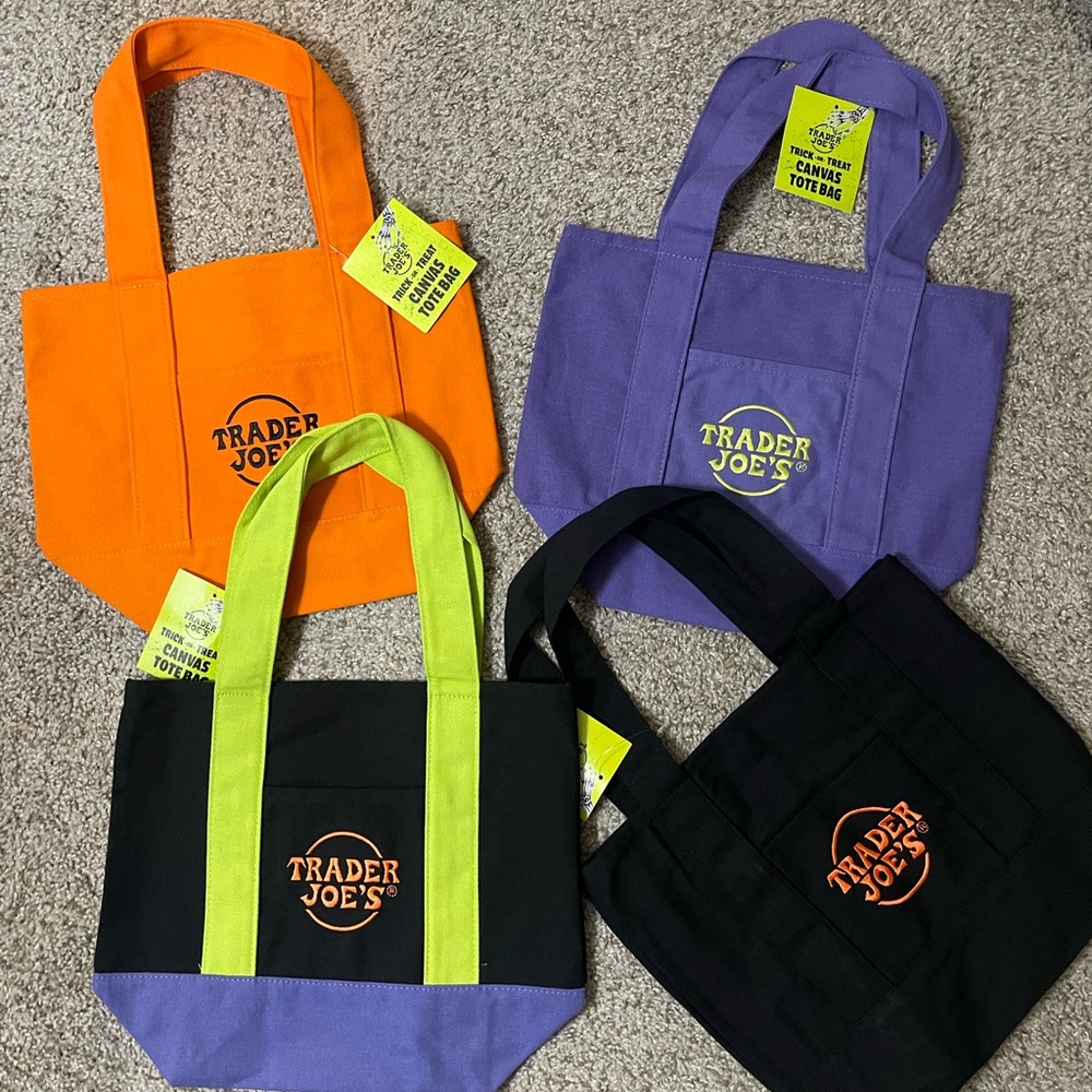Trader Joe's Mini Tote Bag Set - Orange, Purple, Black, Green